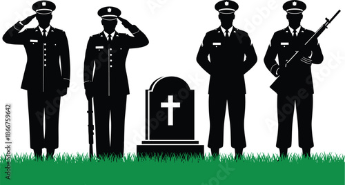Silhouette of military personnel honoring gravestone with cross, symbolizing remembrance, respect, ceremony, and fallen soldier tribute.