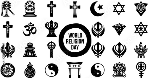 World Religion Day Black and White Glyph Icon Set: Diverse Religious Symbols for Spirituality, Faith, Peace, and Cultural Unity