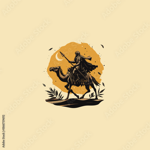 Vintage hand-drawn engraving of a desert nomad with a spear riding a camel across dunes under a large full moon and starry night sky.