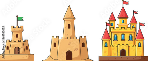 Vector illustration of sandcastle fortresses and a golden fantasy palace isolated on white for travel and storytelling.