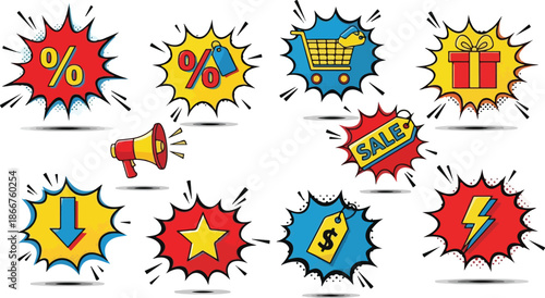 Collection of colorful cartoon sale icons and symbols for promotions, discounts, and marketing
