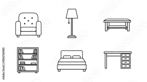 Simple line drawings of furniture pieces on isolated on white background