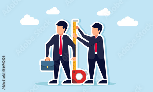 Businessman measuring another businessman illustrating evaluation of competitor capability and performance