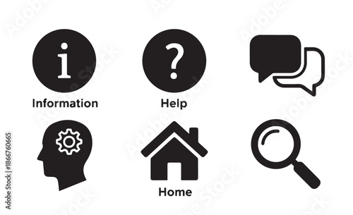 Information and support icons including info, help, and magnifying glass