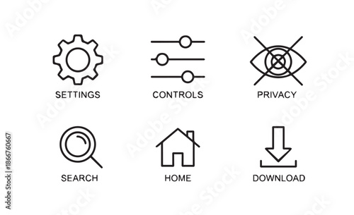 Collection of simple black icons representing user interface elements and functions