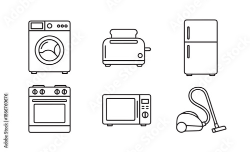 Set of household appliance icons including washing machine and refrigerator isolated on white background