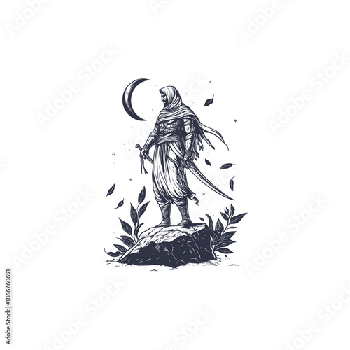 Heroic vintage engraving of a lone warrior in a flowing cape standing on a rocky mountain peak, holding a sword under a crescent moon and starry night sky.