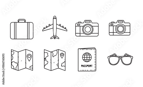Travel icons set with luggage, camera, and passport on white background