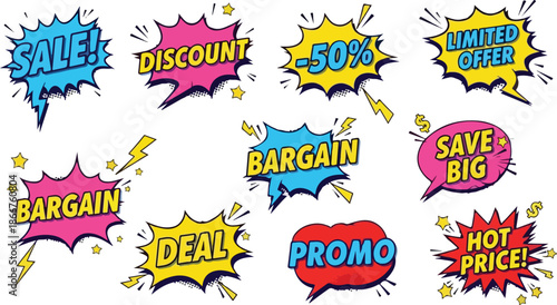 Vibrant Sale and Promotion Badges Discount Offers and Bargain Advertisements for Retail