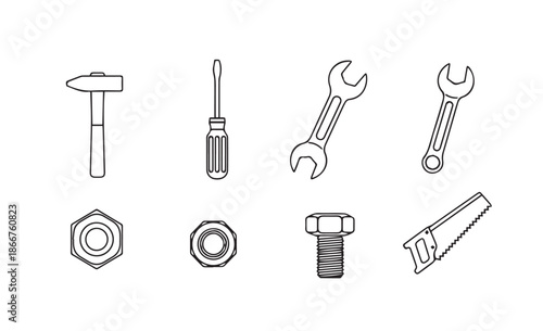Set of various black and white icons representing tools and hardware components 