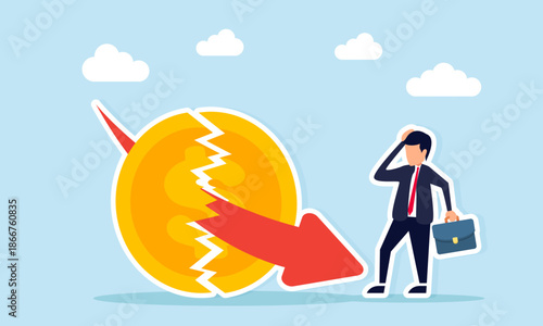Confused businessman facing a red exponential downward arrow piercing a dollar coin illustrating currency inflation or major business losses
