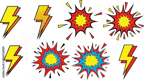 Comic Book Graphics Explosions and Lightning Bolts in Vivid Colors for Action-Oriented Designs