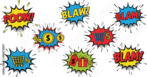 Comic Book Style Shopping and Finance Explosion Graphics with Pop Art Elements
