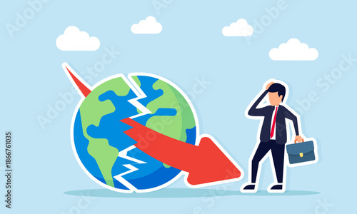 Confused businessman facing a red exponential downward arrow piercing the earth illustrating declining awareness of environmental responsibility and aggressive exploitation of nature by businesses