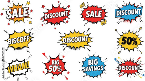 Comic Book Style Sale and Discount Banners Collection Wham, Big Savings, and More!