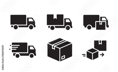Collection of delivery truck and package icons on white background