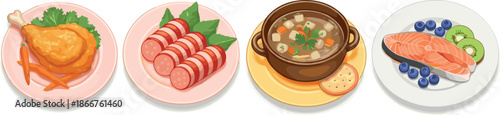 Vector illustration of savory plated meals including salmon steak chicken leg and vegetable soup for food lifestyle themes.