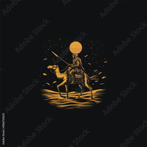 Vintage hand-drawn engraving of a desert nomad with a spear riding a camel across dunes under a large full moon and starry night sky.