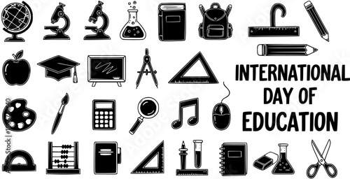Black and White Line Art Icons for International Day of Education - School Supplies  Learning Symbols