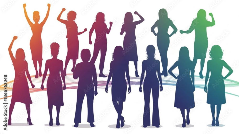 Fototapeta premium A vibrant vector graphic illustration of diverse people in colorful silhouettes celebrating together