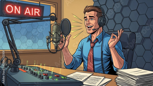 A cartoon man wearing headphones and speaking into a microphone in a radio studio