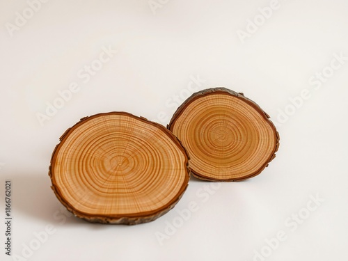 Two rustic wooden coasters with natural bark on a light background