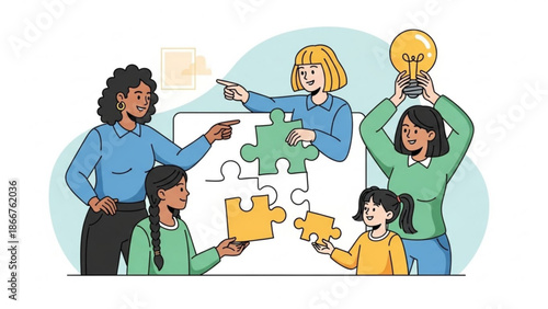 A group of diverse women and girls working together on a puzzle with a lightbulb idea