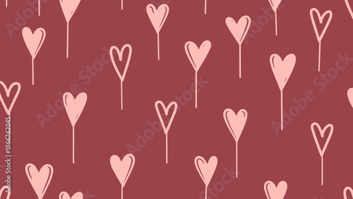 Seamless pattern with cute pink heart lollipops on a rich red background, perfect for valentine's day, romance, love, or sweet designs