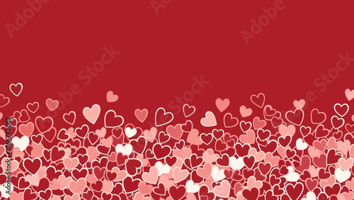 Vibrant red background adorned with a bottom border of scattered hearts in various shades of red, pink, and white, perfect for romantic designs