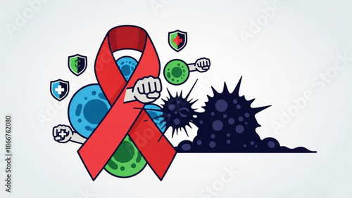 A vector graphic illustration of a red ribbon fighting off virus cells with shields
