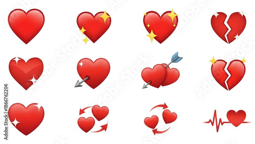 Assorted red heart icons depicting various emotions and states, including love, hurt, and passion, in a digital illustration format.