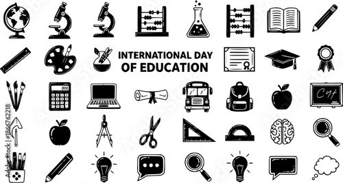 Black and White Line Art Icons for International Day of Education: Globe, Microscope, Abacus, Book, Pencil