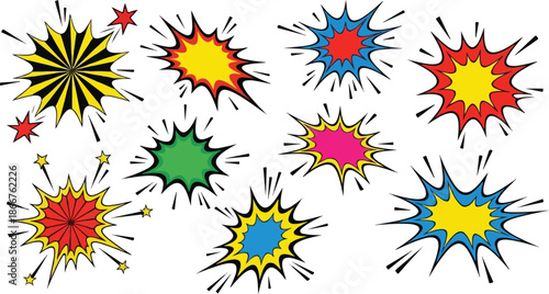 Comic Book Burst Elements A Collection of Colorful Starbursts and Explosions