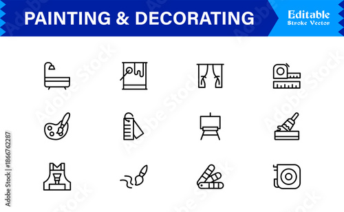 Painting And Decorating line icon set featuring editable, pixel-perfect icons with a clean, modern, and minimal style, ideal for renovation, art, and home projects.