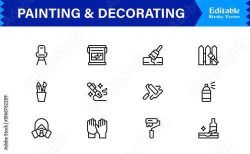 Painting And Decorating line icon set featuring editable, pixel-perfect icons with a clean, modern, and minimal style, ideal for renovation, art, and home projects.