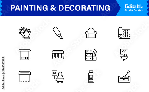 Painting And Decorating line icon set featuring editable, pixel-perfect icons with a clean, modern, and minimal style, ideal for renovation, art, and home projects.