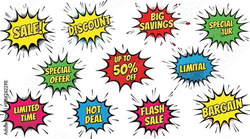 Comic Book Style Sale Stickers and Badges for Promotions and Discounts