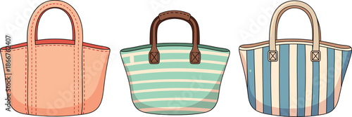 Vector illustration of striped summer tote bags and peach handbag isolated on white for fashion and travel themes.