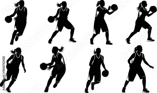 Women basketball player silhouettes set, vector illustration of female athletes dribbling and shooting, active female sport icons collection for competitive team games, black and white style.