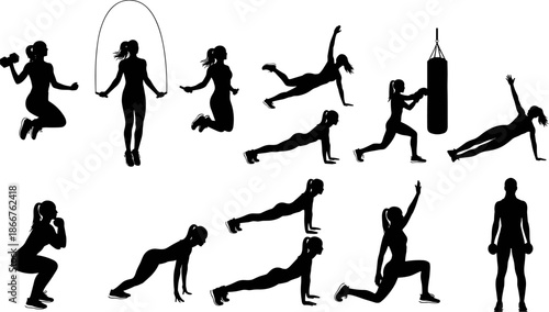 Women Fitness Workout Exercise Black Silhouette Vector Set, Female Athlete Training Poses and Dynamic Action Graphics, Sportswear Model Gym Activity Icons, Healthy Active Lifestyle Concept.