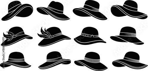 Women fashion hat silhouette set, elegant wide brim summer accessories collection, vintage and modern styles, black vector illustration isolated on white background