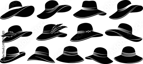 Women hat silhouette vector illustration set, elegant fashion headwear designs collection, vintage and modern brim hats icons, black style accessories isolated