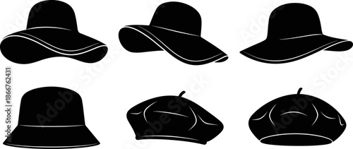 Women hat silhouettes vector set, fashion headwear icons collection, elegant beret and sunhat designs, black minimalist accessories illustration