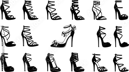 Women high heel shoe silhouettes vector collection, fashionable strappy stilettos and platform heels, elegant footwear illustration set for fashion design 