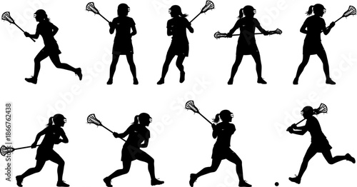 Women lacrosse player silhouettes vector illustration set, female athletes running throwing and catching poses, team sport action icons isolated on white background