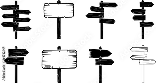 Wooden signpost silhouette vector set, direction arrow signs collection, rustic road guide illustration, vintage wayfinding symbols isolated on white background