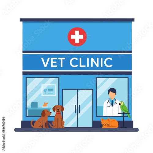 Veterinary Clinic Storefront with Animals and Doctor.