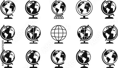 World globe icons set vector illustration, black earth geography symbols collection, school education atlas globes for travel, navigation, map, global studies design