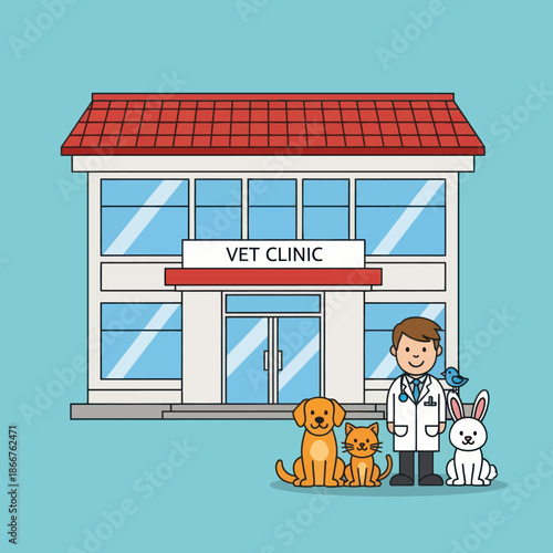 Veterinarian with Dog Cat and Rabbit Outside Clinic.
