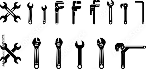 Wrench and pipe tool icons set, professional mechanic and plumbing equipment collection, repair service symbols, hardware kit elements, isolated black vector illustration graphics